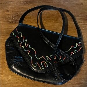 Charles Jourden Paris Black Leather Women's Bag with Colorful Stitching